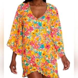 Anne Cole Bright Floral Tropical Multicolor Gauzy Swim Cover Up Sz M/L Beach
